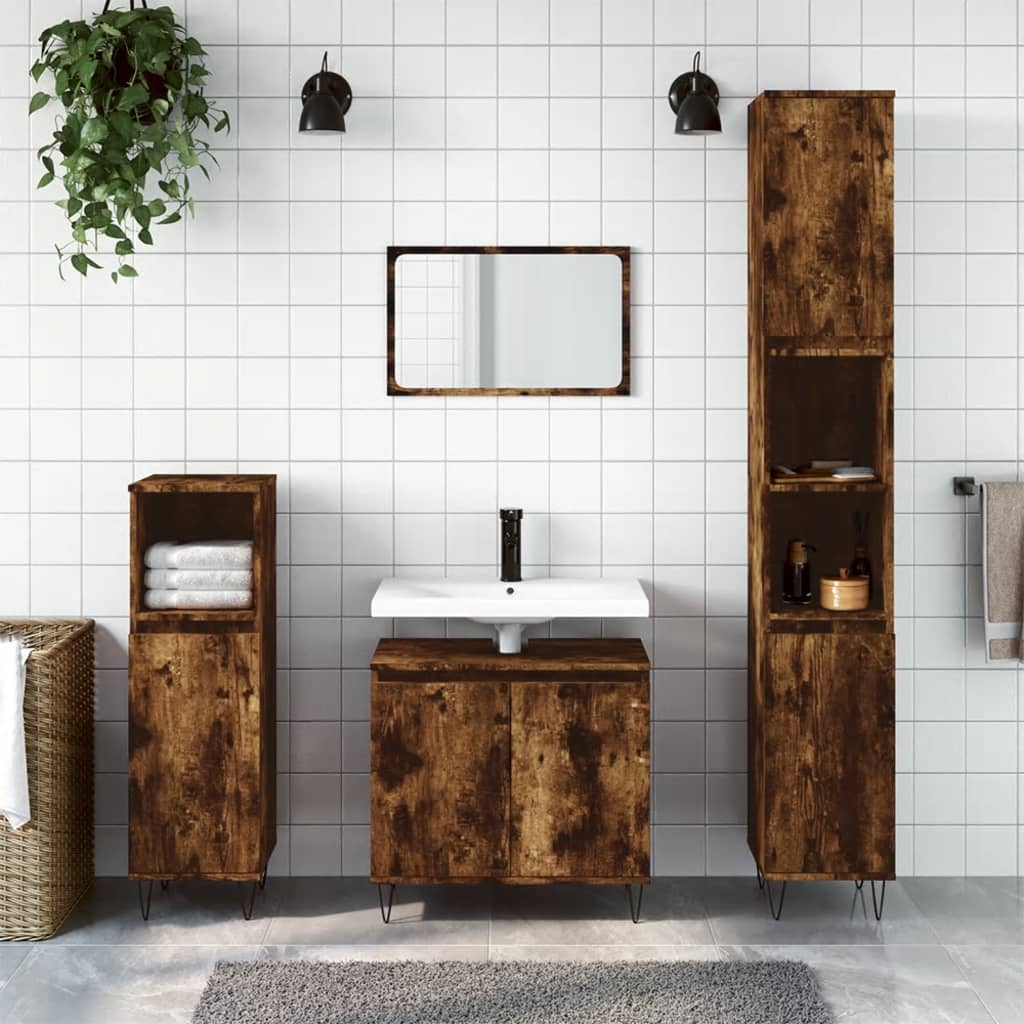 Set Mobili da Bagno 3 pz Rovere Fumo in Legno Multistrato | homemem39
