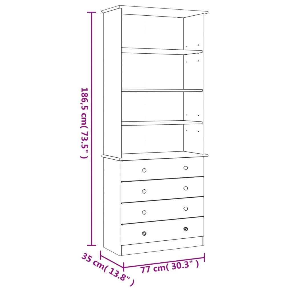 HIGH Bookcase with Drawers 77x35x186.5cm Solid Pine Wood