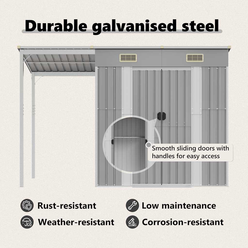 Capannone Tetto Esteso Grigio Chiaro 277x107x181cm Acciaio - homemem39