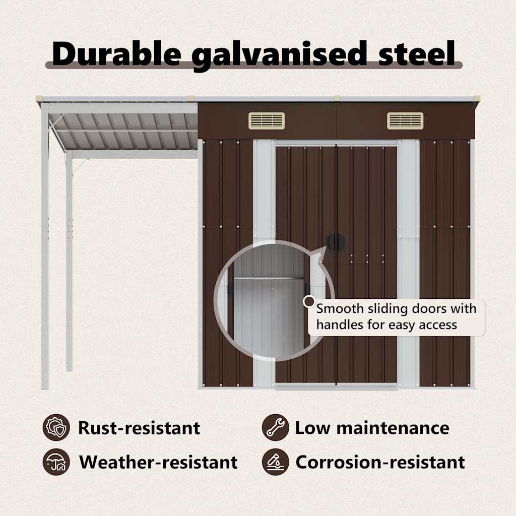 Capanno Giardino Tetto Esteso Marrone 277x107x181cm Acciaio | homemem39