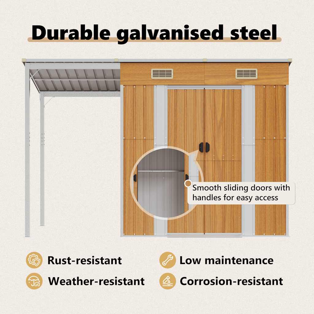 Capannone Tetto Esteso Marrone Chiaro 277x107x181cm Acciaio - homemem39