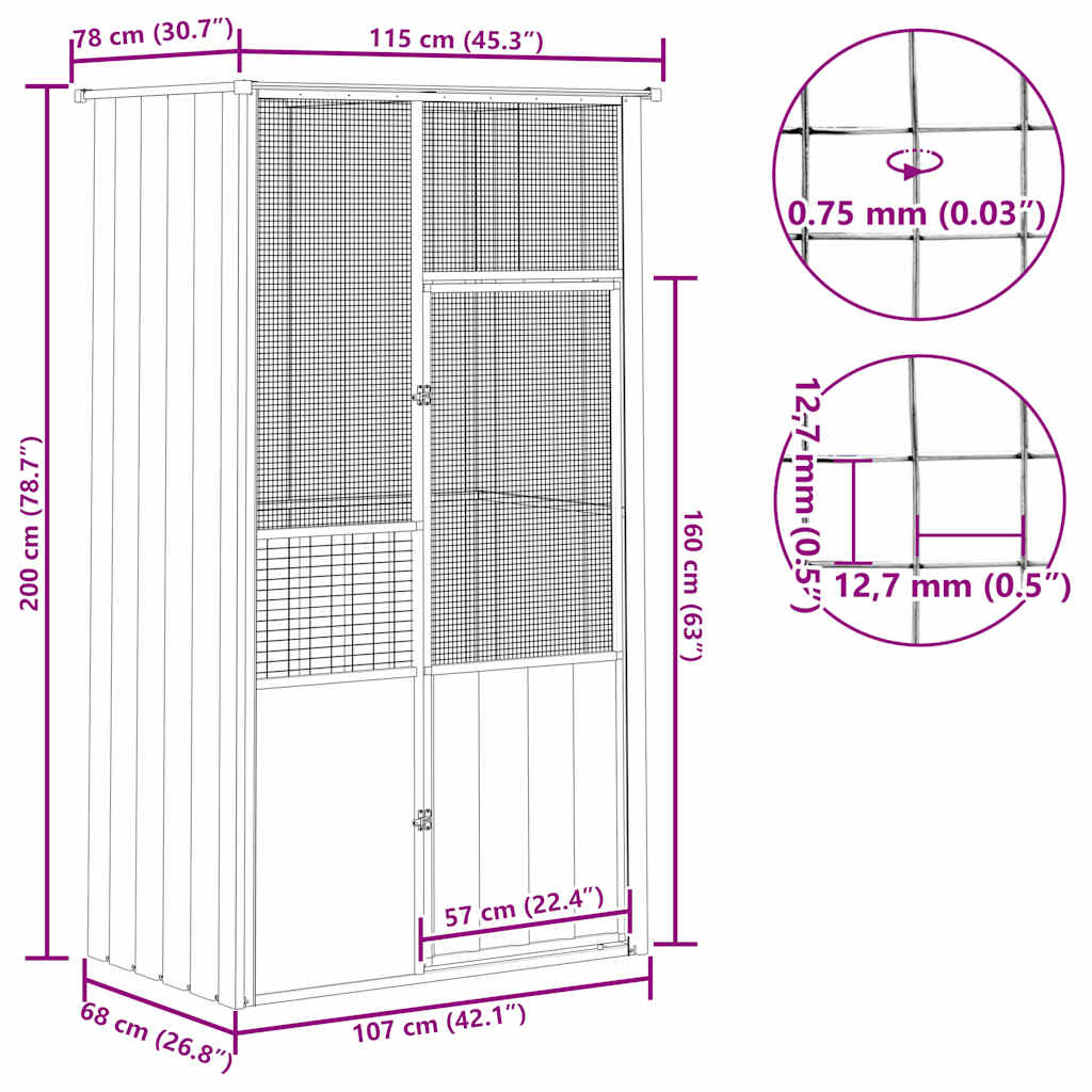 Gabbia per Uccelli Grigia 115x78x200 cm in Acciaio Zincato | homemem39