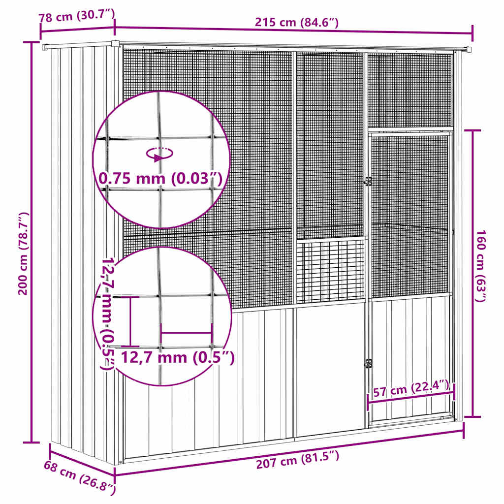 Gabbia per Uccelli Antracite 215x78x200 cm in Acciaio Zincato | homemem39