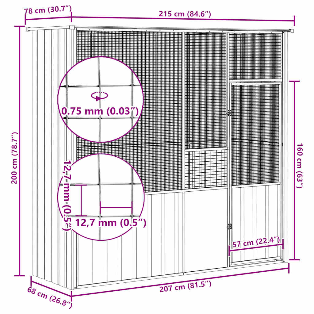 Gabbia per Uccelli Grigia 215x78x200 cm in Acciaio Zincato | homemem39