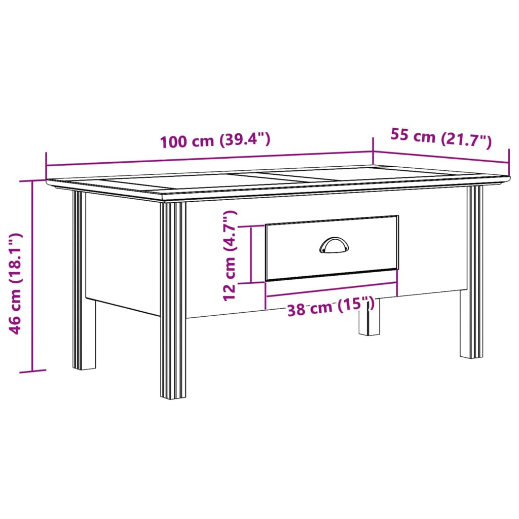 Tavolino da Salotto BODO 100x55x46cm Legno Massello Pino Bianco | homemem39
