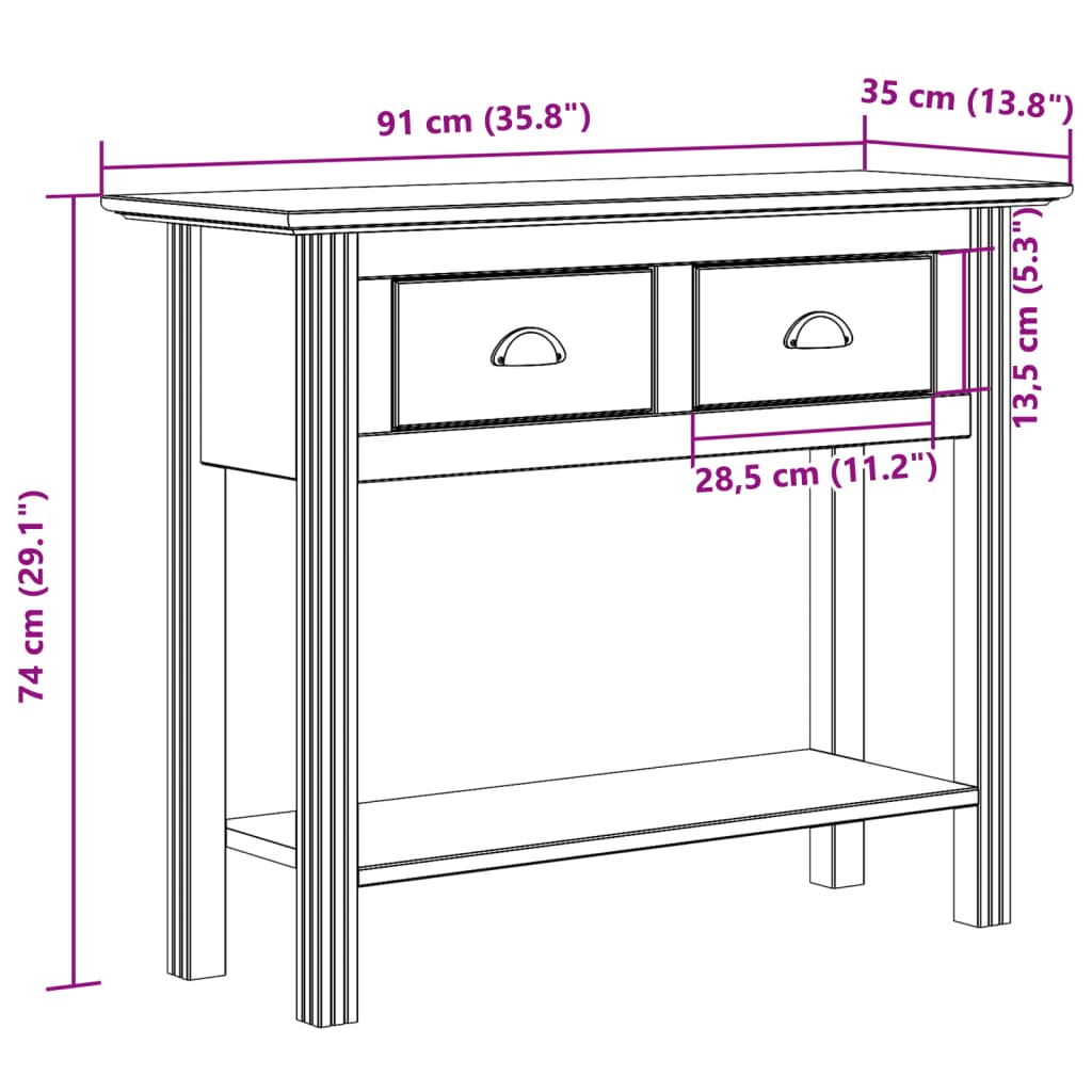 Tavolo Consolle BODO 91x35x74 cm Legno Massello Pino Bianco | homemem39