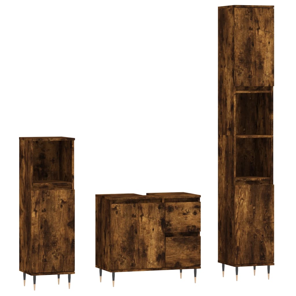 Set Mobili da Bagno 3 pz Rovere Fumo in Legno Multistrato | homemem39