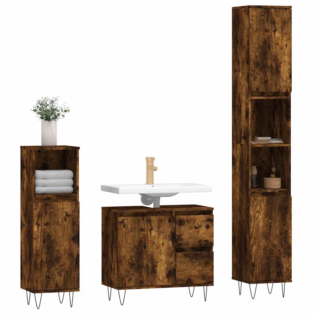 Set Mobili da Bagno 3 pz Rovere Fumo in Legno Multistrato