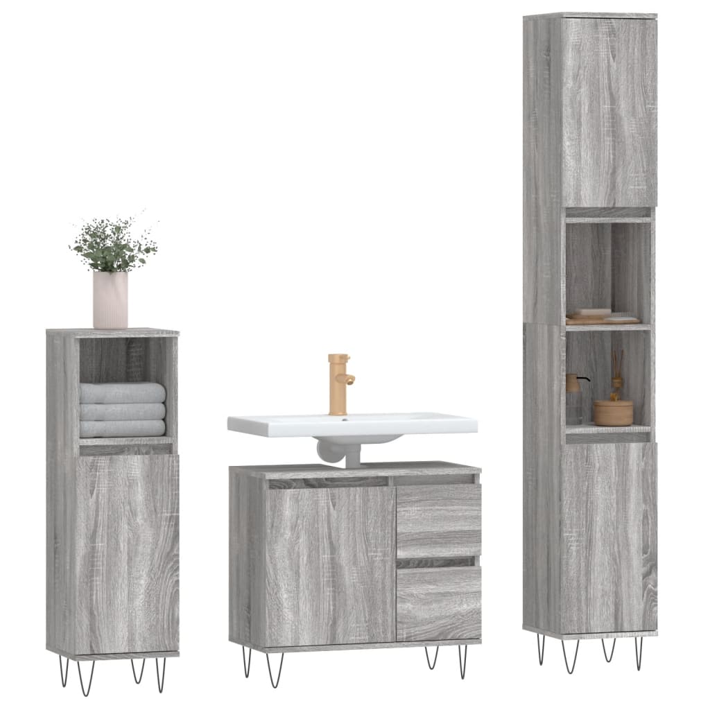 Set Mobili da Bagno 3 pz Grigio Sonoma in Legno Multistrato | homemem39