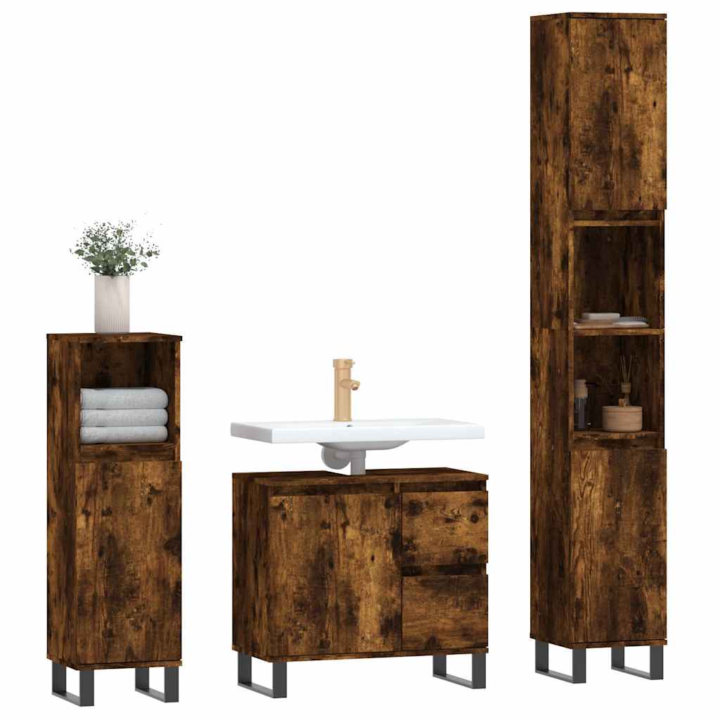 Set Mobili da Bagno 3 pz Rovere Fumo in Legno Multistrato | homemem39