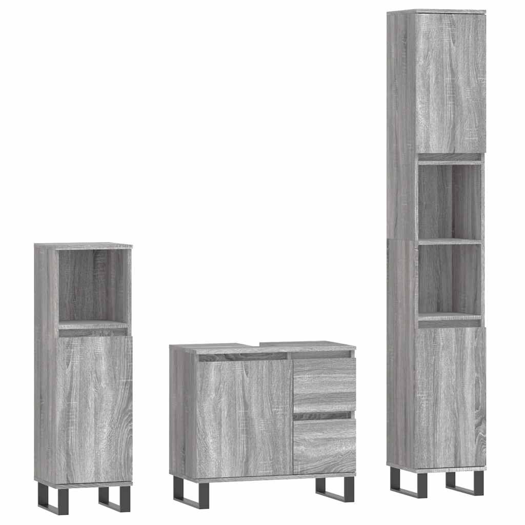 Set Mobili da Bagno 3 pz Grigio Sonoma in Legno Multistrato | homemem39
