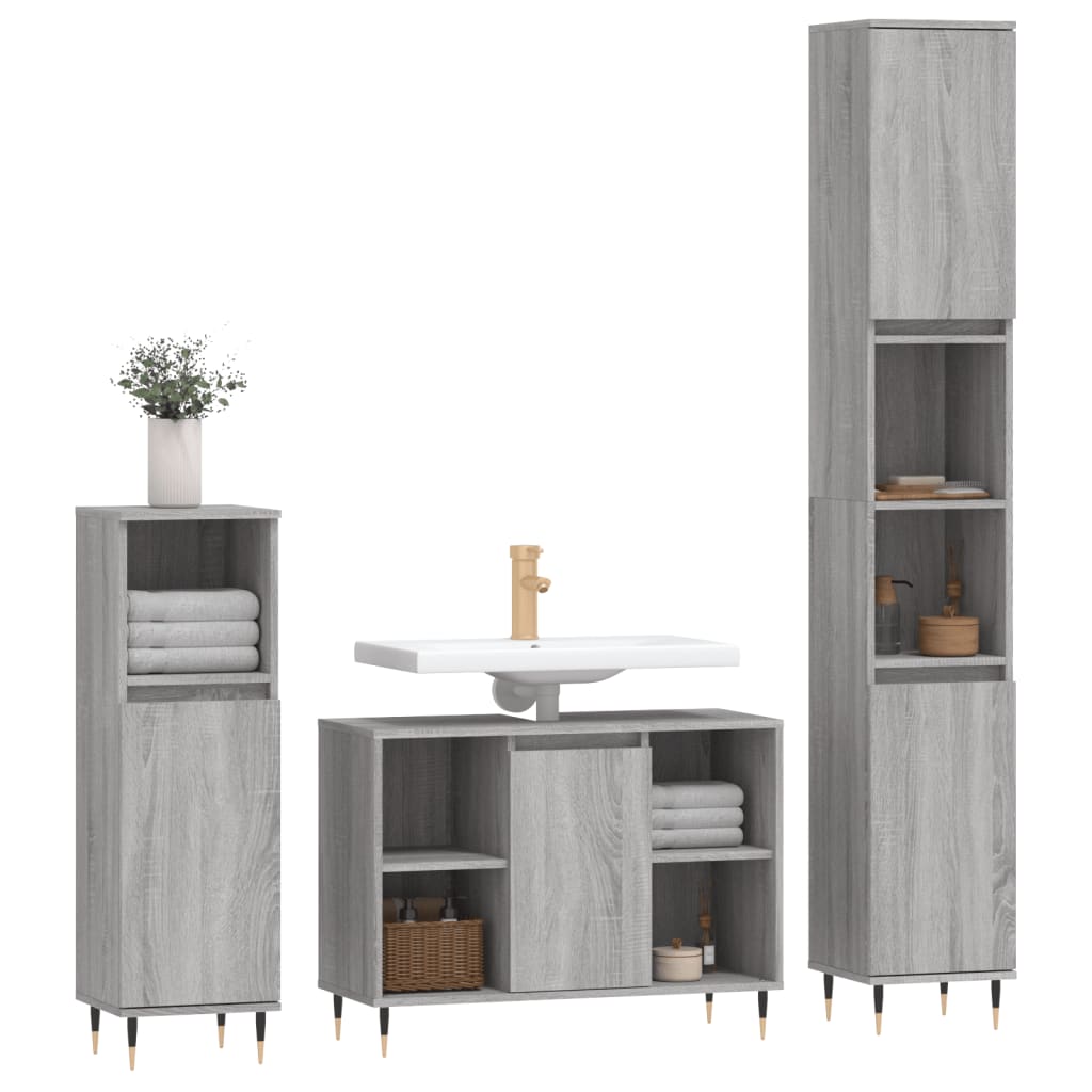 Set Mobili da Bagno 3 pz Grigio Sonoma in Legno Multistrato | homemem39