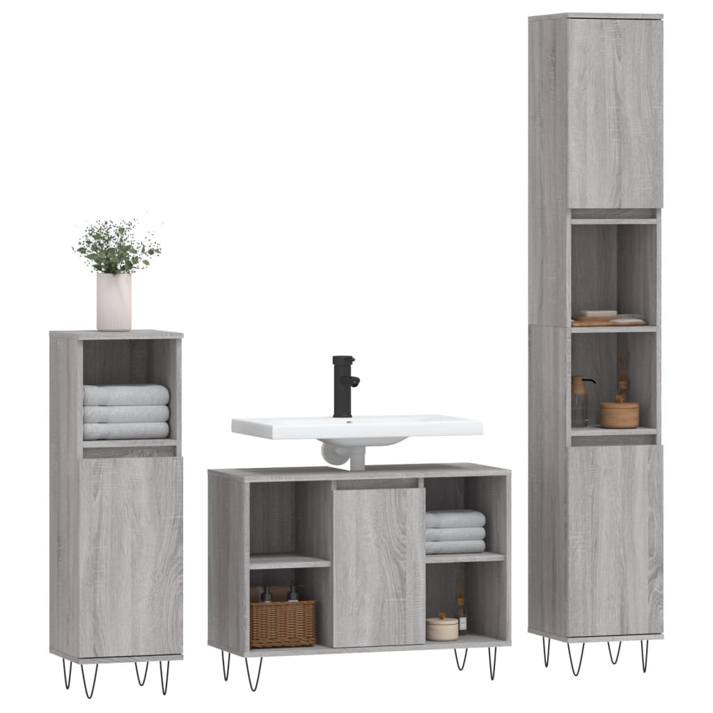 Set Mobili da Bagno 3 pz Grigio Sonoma in Legno Multistrato | homemem39