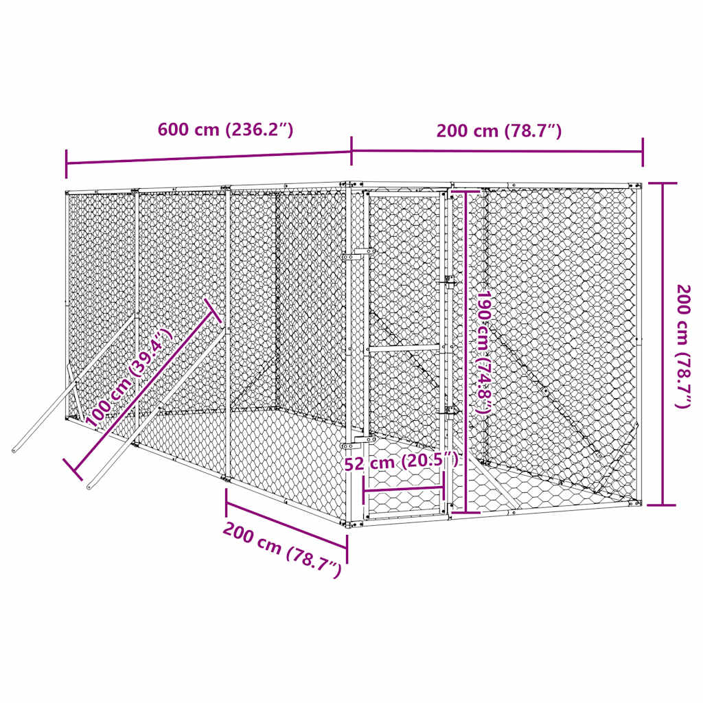 Cuccia per Cani da Esterno Argento 2x6x2 m Acciaio Zincato | homemem39