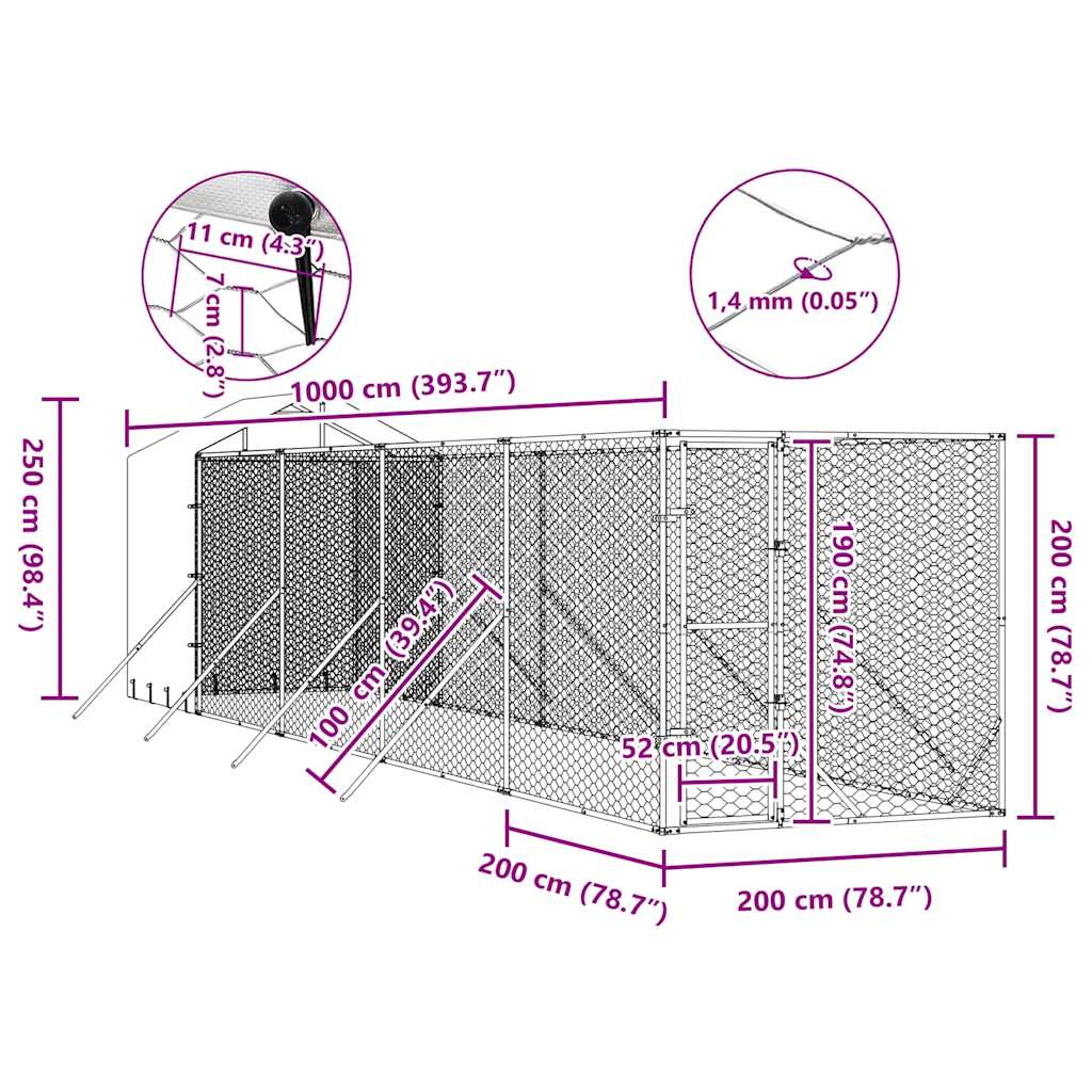 Cuccia Cani da Esterno Tetto Argento 2x10x2,5 m Acciaio Zincato | homemem39