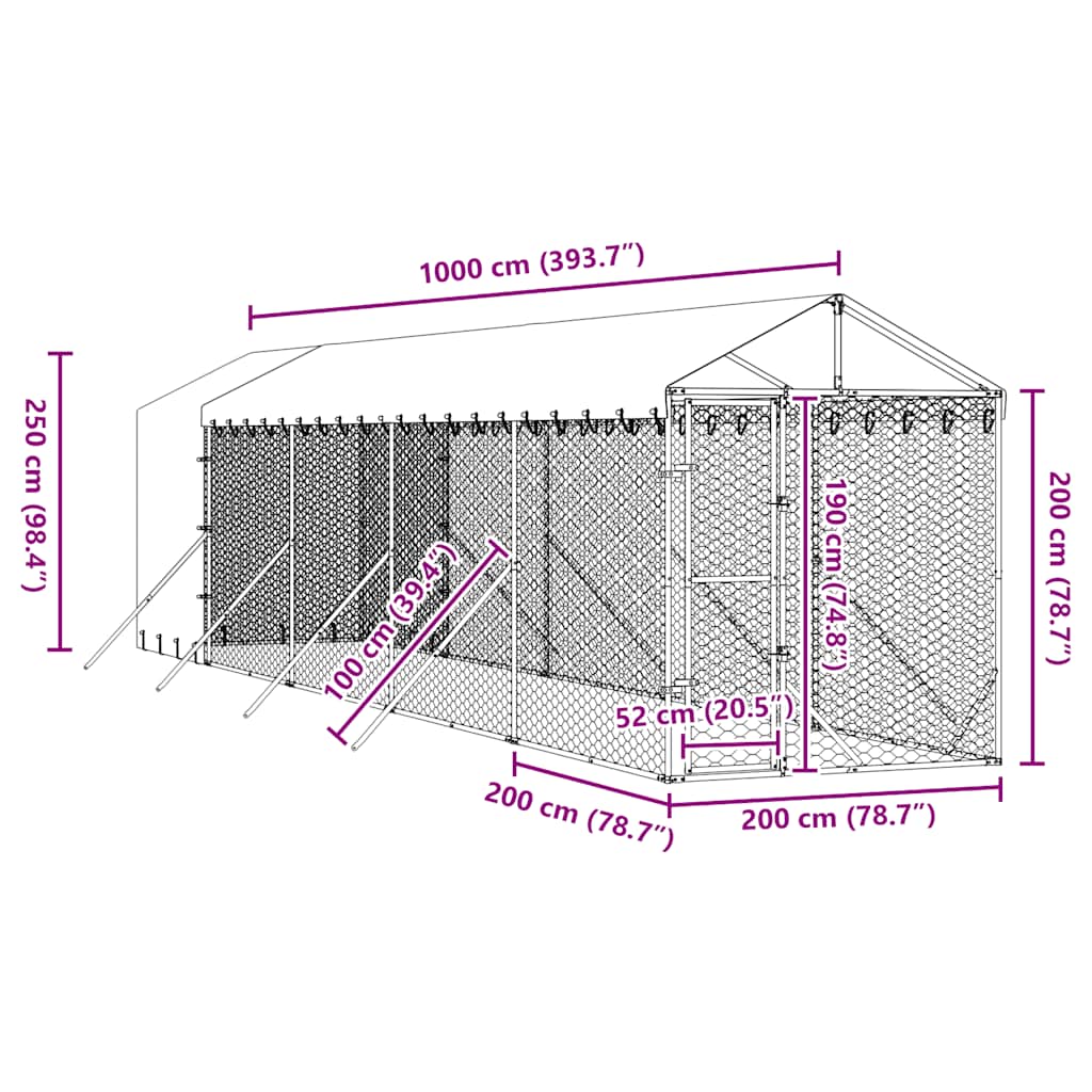 Cuccia Cani da Esterno Tetto Argento 2x10x2,5 m Acciaio Zincato | homemem39