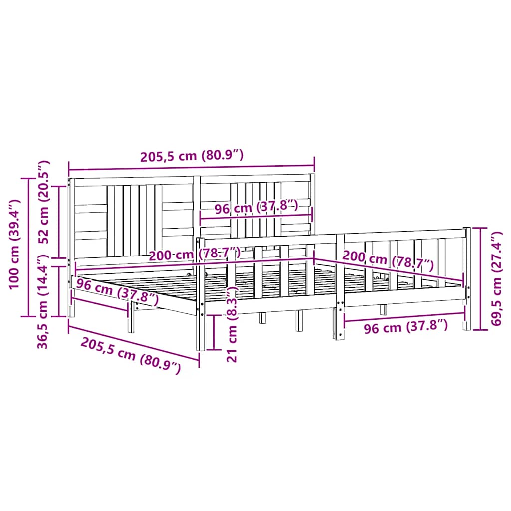 Giroletto con Testiera Grigio 200x200 cm in Legno Massello