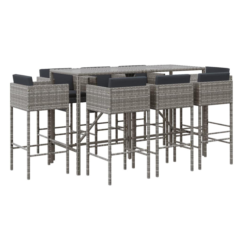 Set Bar da Giardino 9 pz con Cuscini in Polyrattan Grigio - homemem39