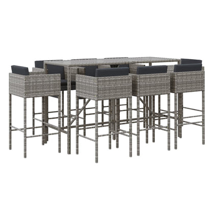 Set Bar da Giardino 9 pz con Cuscini in Polyrattan Grigio - homemem39