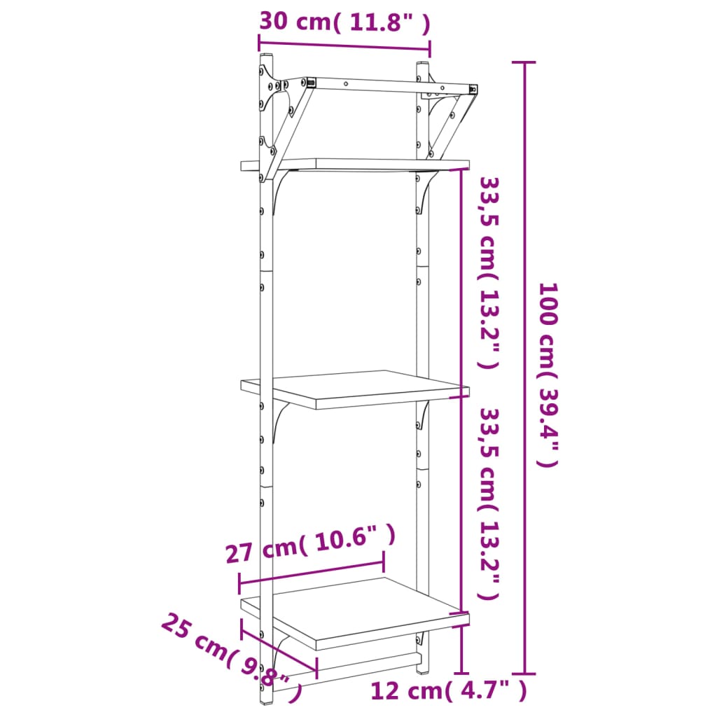Mensole a Muro con Aste 3 Livelli 2pz Nere 30x25x100 cm