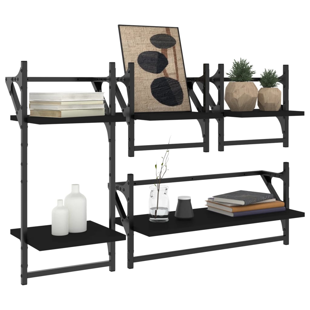 Set Mensole da Parete con Aste 4pz Nero in Legno Multistrato | homemem39