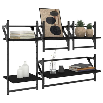 Set Mensole da Parete con Aste 4pz Nero in Legno Multistrato | homemem39