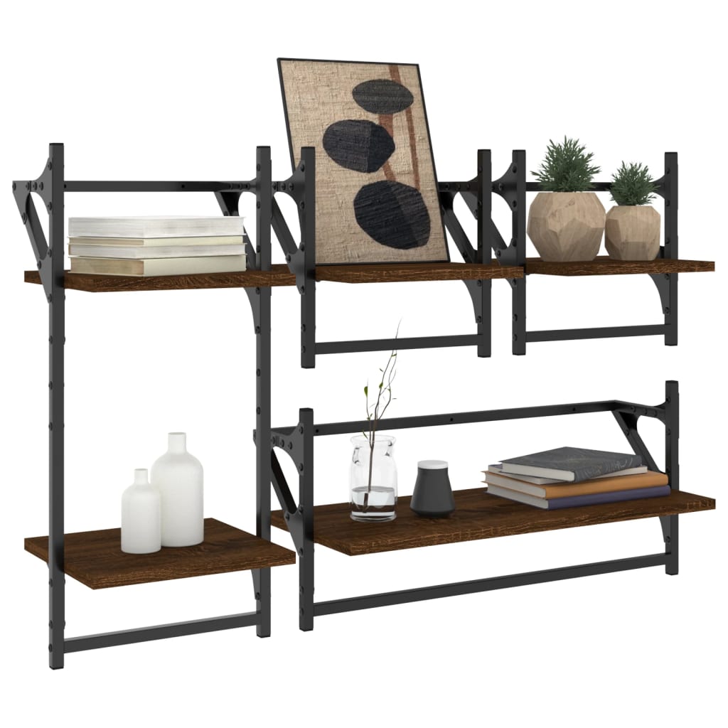 Set Mensole Parete con Aste 4pz Rovere Marrone in Multistrato | homemem39