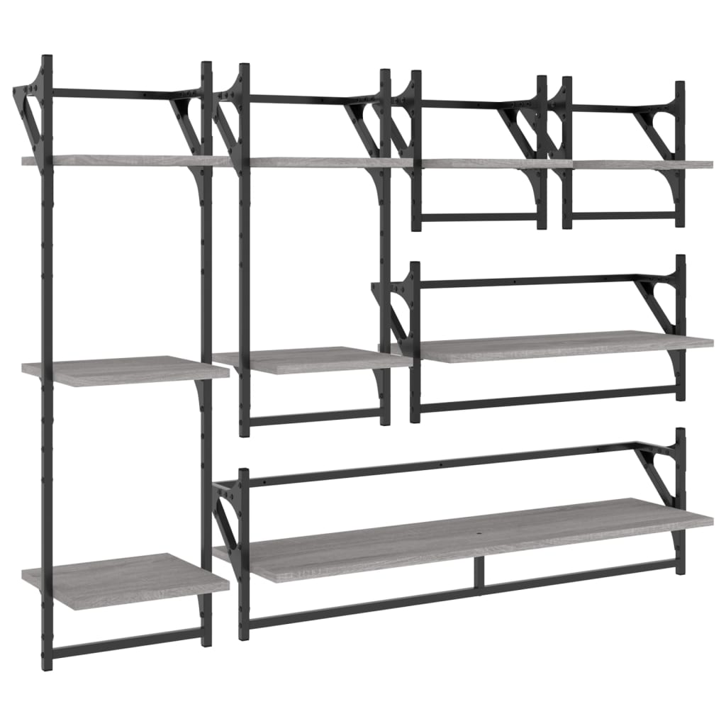 Set Mensole Parete con Aste 6pz Grigio Sonoma Legno Multistrato | homemem39