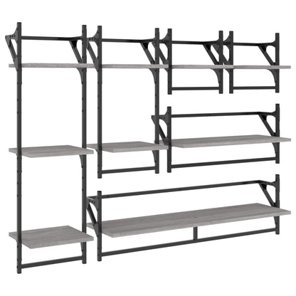 Set Mensole Parete con Aste 6pz Grigio Sonoma Legno Multistrato | homemem39