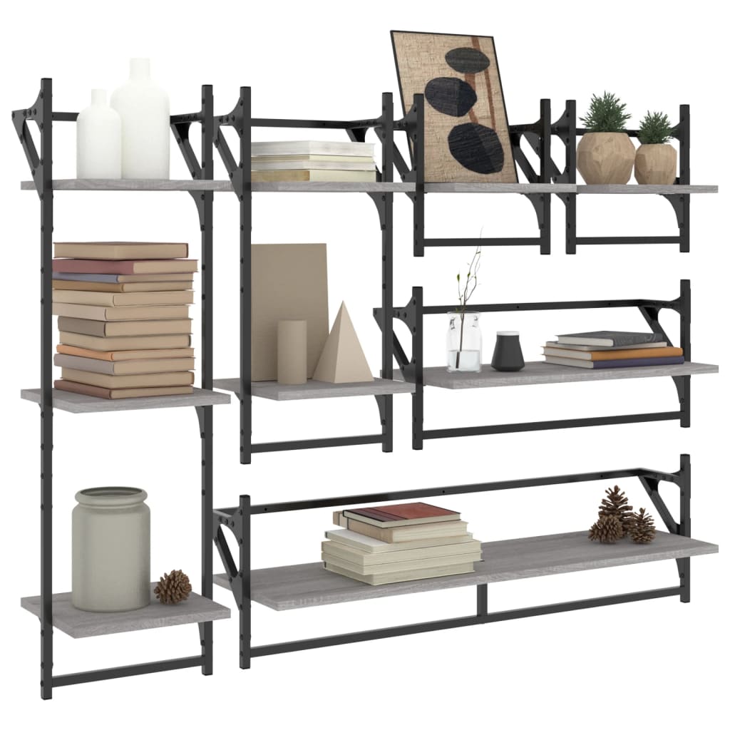 Set Mensole Parete con Aste 6pz Grigio Sonoma Legno Multistrato | homemem39