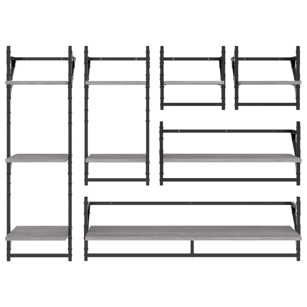Set Mensole Parete con Aste 6pz Grigio Sonoma Legno Multistrato