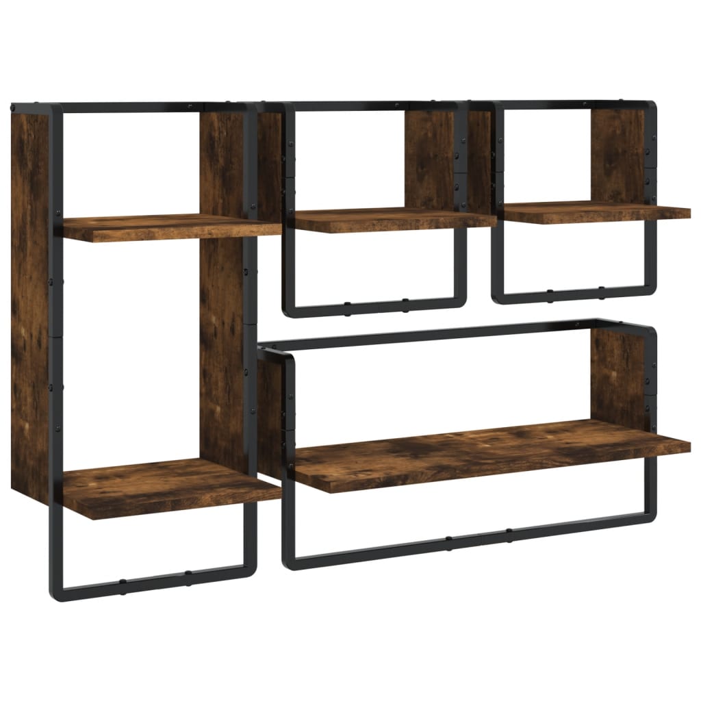 Set Mensole Parete con Aste 4pz Rovere Fumo Legno Multistrato | homemem39