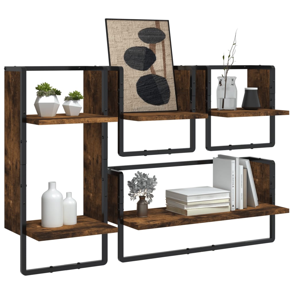 Set Mensole Parete con Aste 4pz Rovere Fumo Legno Multistrato | homemem39