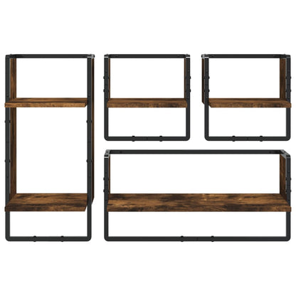 Set Mensole Parete con Aste 4pz Rovere Fumo Legno Multistrato