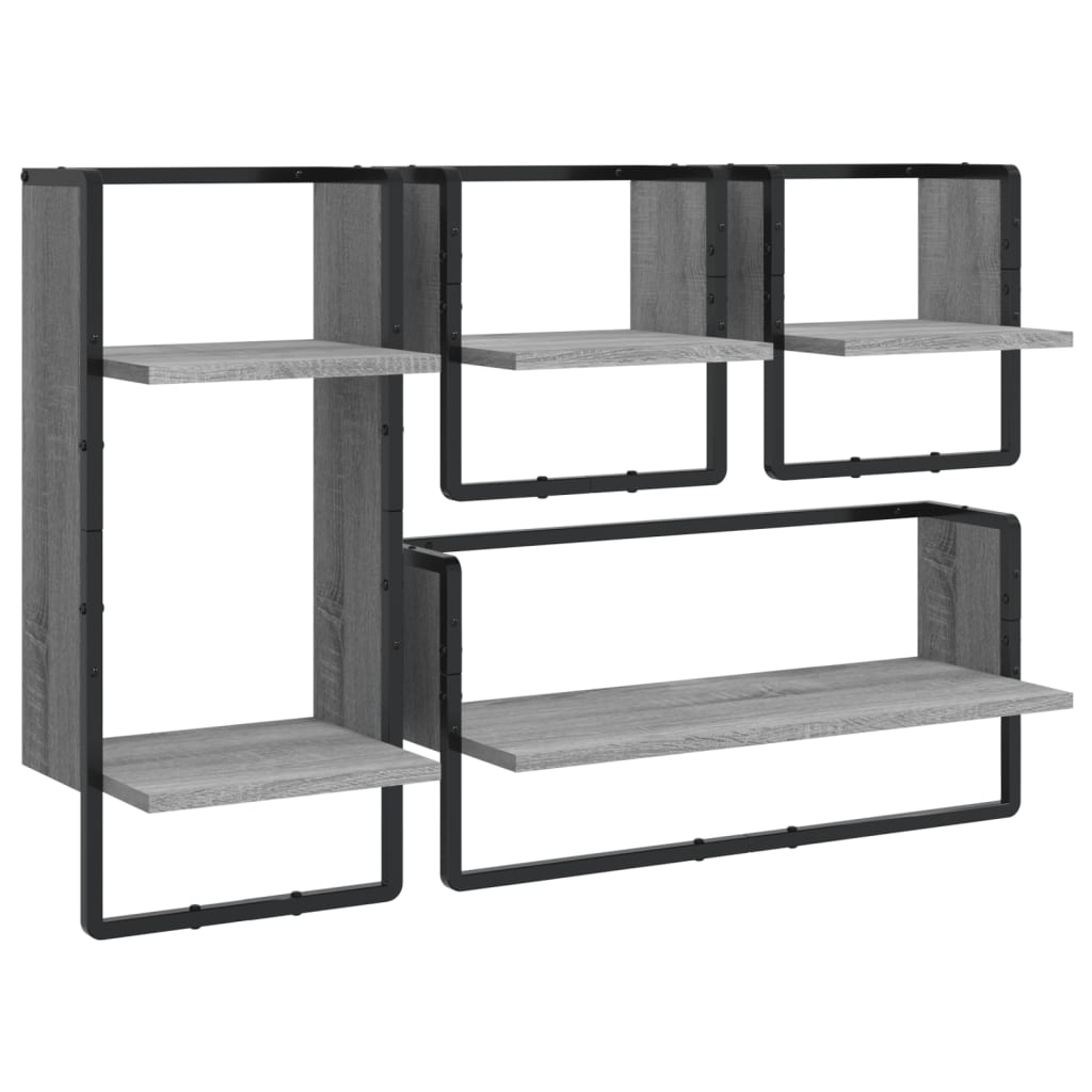 Set Mensole Parete con Aste 4pz Grigio Sonoma Legno Multistrato | homemem39