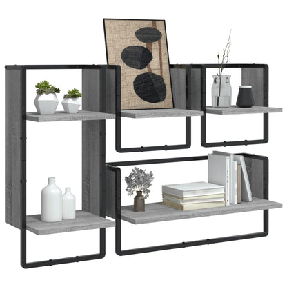 Set Mensole Parete con Aste 4pz Grigio Sonoma Legno Multistrato | homemem39
