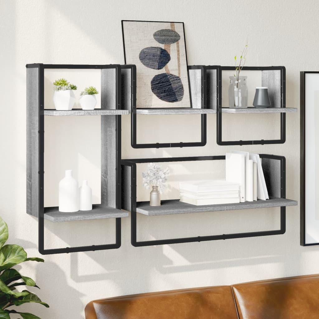 Set Mensole Parete con Aste 4pz Grigio Sonoma Legno Multistrato | homemem39