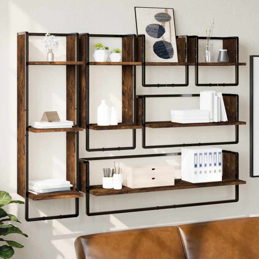 Set Mensole Parete con Aste 6pz Rovere Fumo Legno Multistrato | homemem39