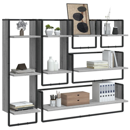 Set Mensole Parete con Aste 6pz Grigio Sonoma Legno Multistrato | homemem39