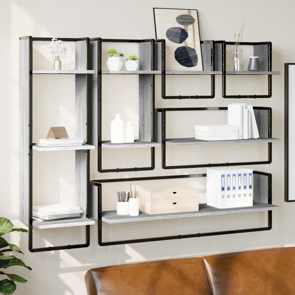 Set Mensole Parete con Aste 6pz Grigio Sonoma Legno Multistrato | homemem39