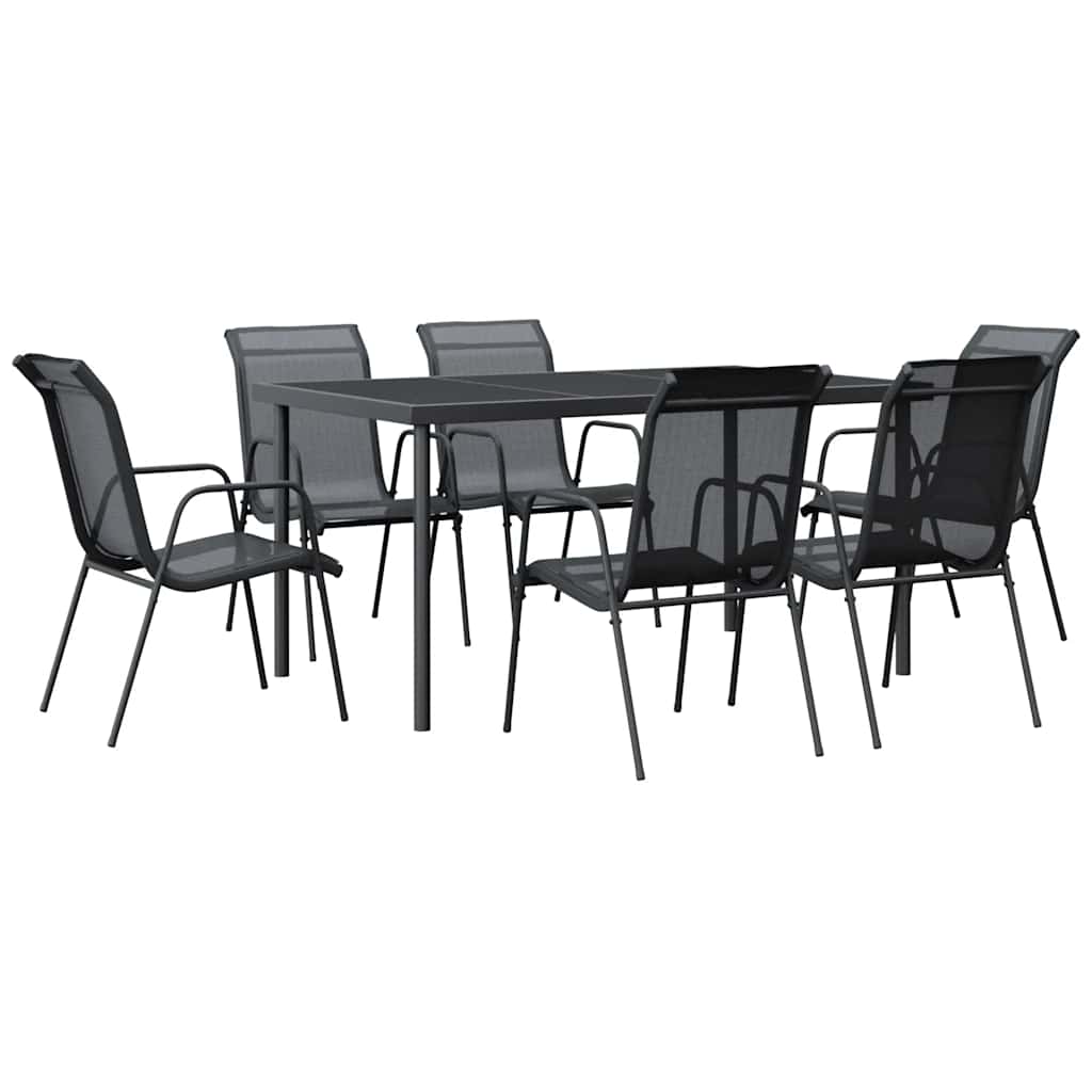 Set da Pranzo da Giardino 7 pz Nero in Acciaio e Textilene | homemem39