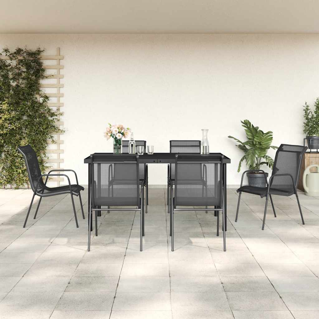 Set da Pranzo da Giardino 7 pz Nero in Acciaio e Textilene | homemem39