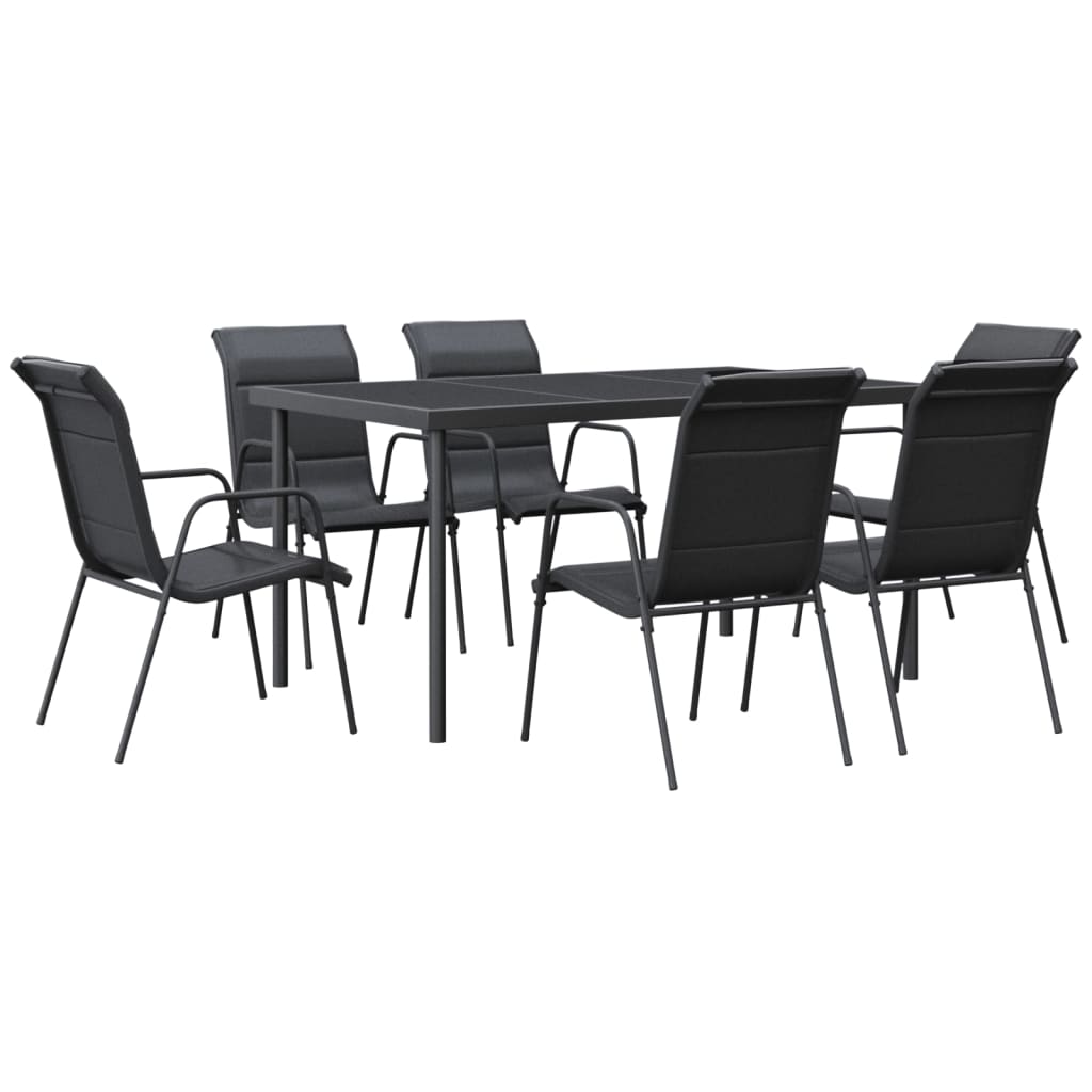 Set da Pranzo da Giardino 7 pz Nero in Acciaio e Textilene | homemem39