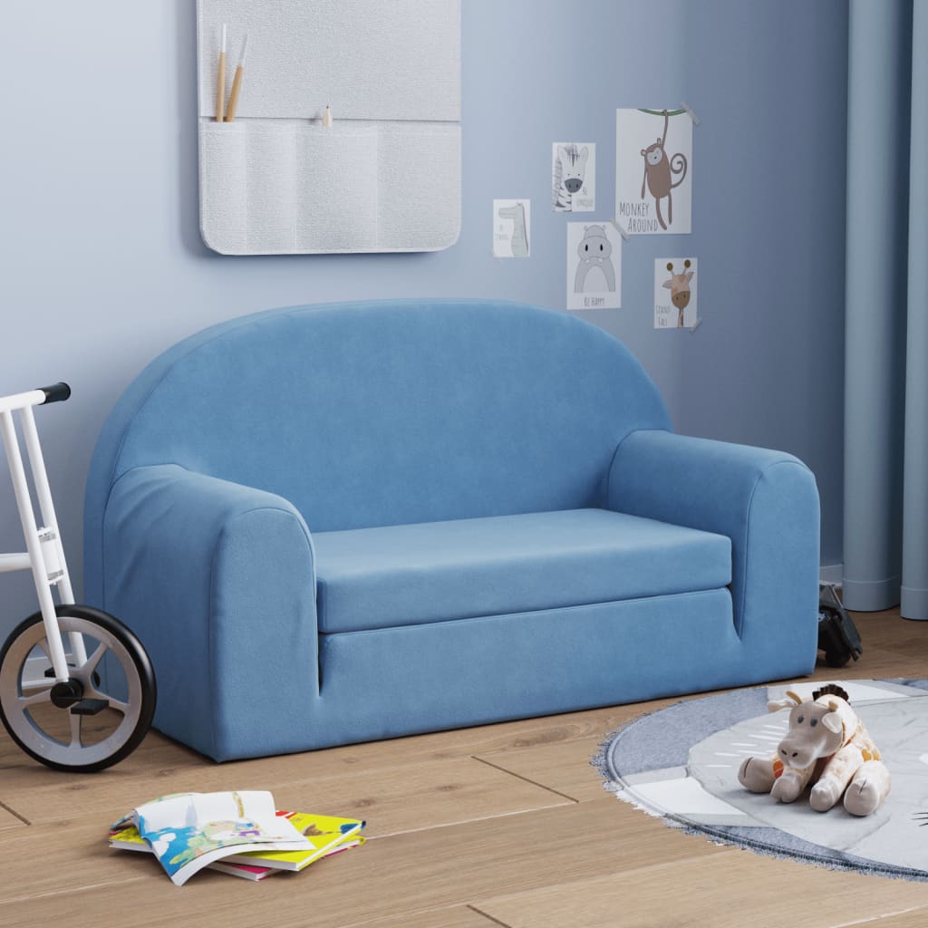 Divano Letto per Bambini a 2 Posti Blu in Morbido Peluche