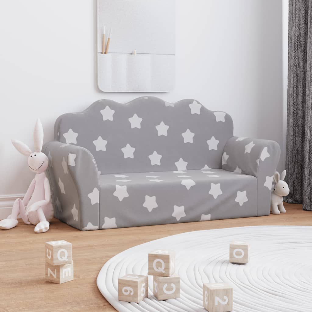 Divano Bambini 2 Posti Grigio Chiaro con Stelle Morbido Peluche