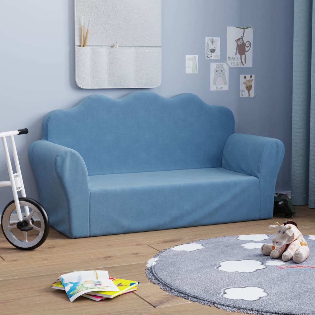 Divano per Bambini a 2 Posti Blu in Morbido Peluche | homemem39