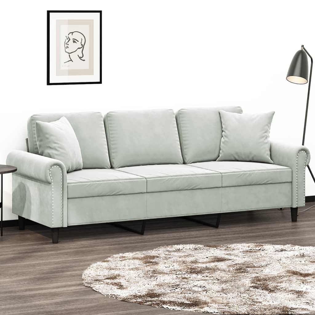 Divano a 3 Posti con Cuscini Grigio Chiaro 180 cm in Velluto | homemem39