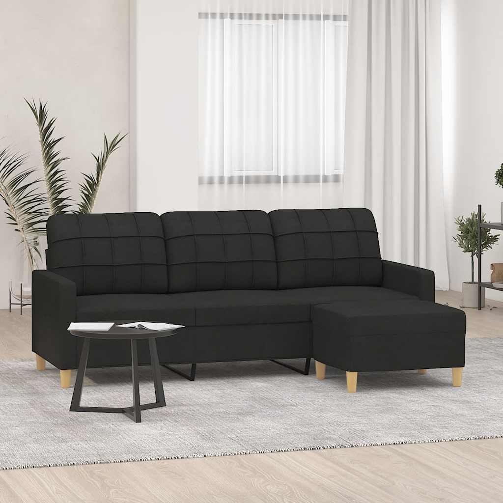 Divano a 3 Posti con Poggiapiedi Nero 180 cm in Tessuto | homemem39