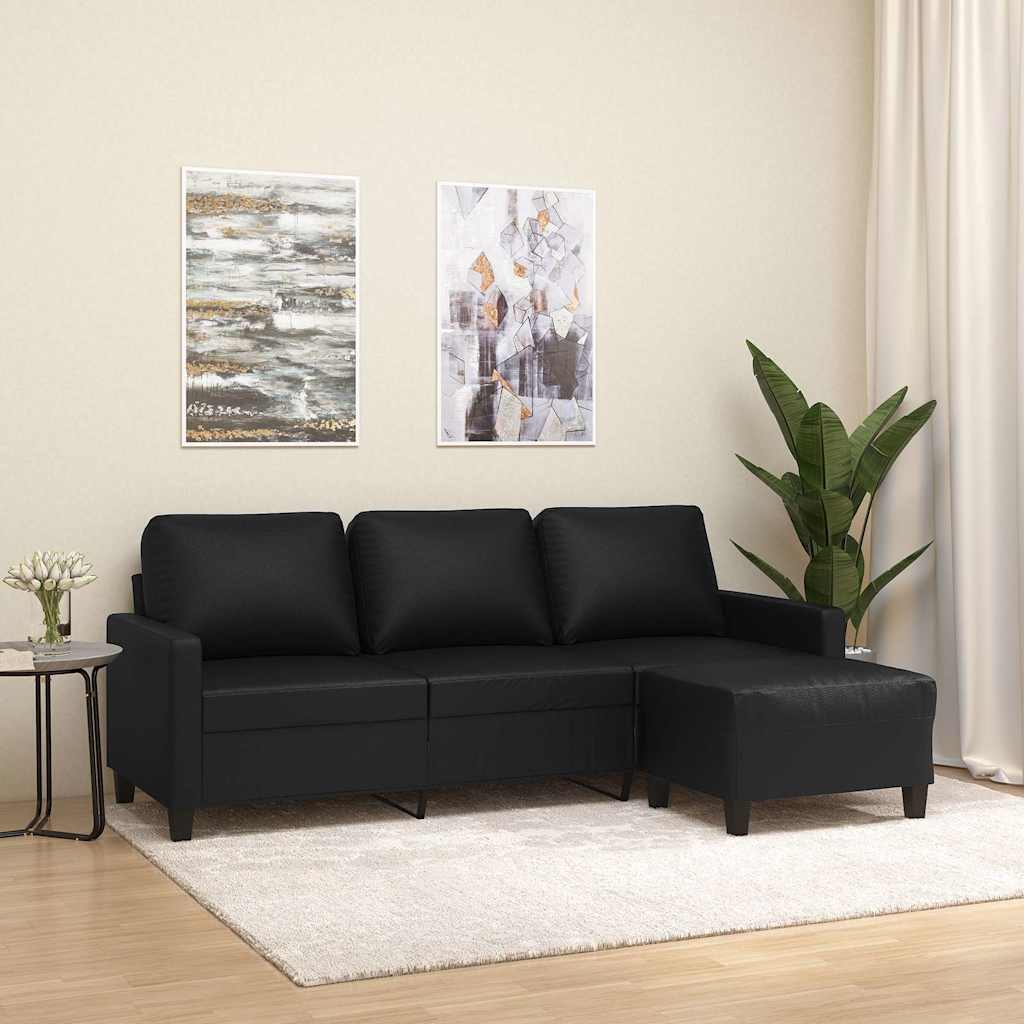Divano a 3 Posti con Poggiapiedi Nero 180 cm in Similpelle | homemem39