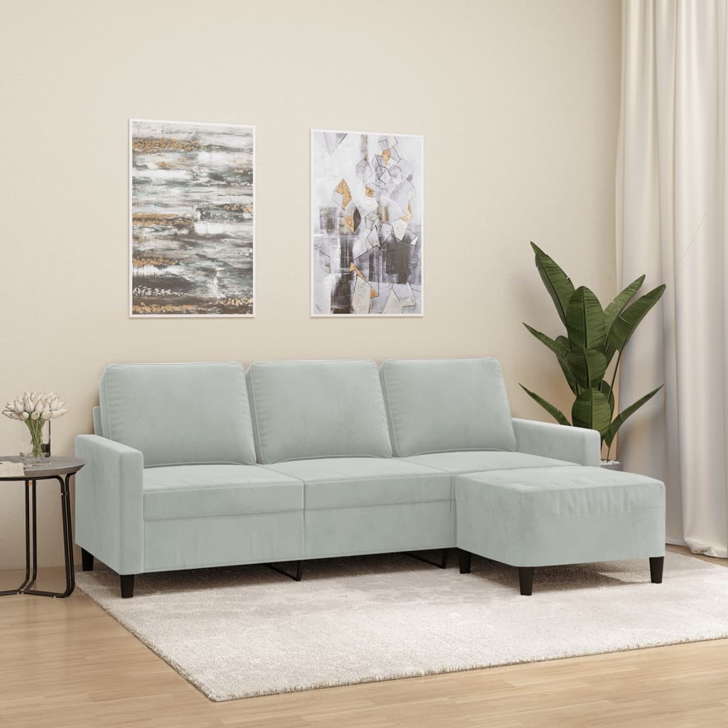 Divano a 3 Posti con Poggiapiedi Grigio Chiaro 180cm in Velluto | homemem39